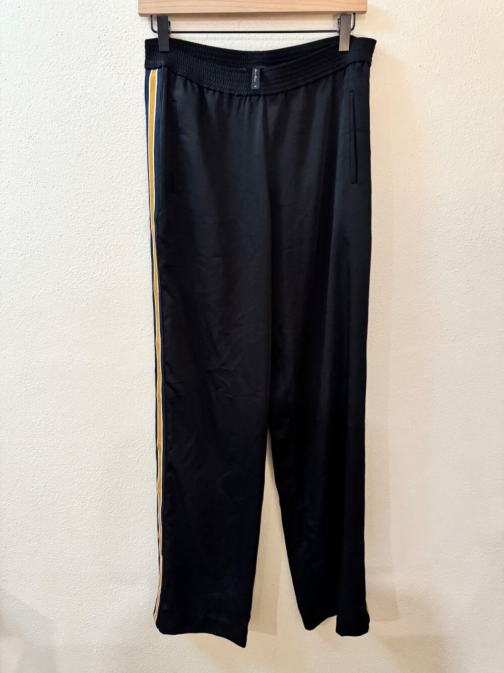 BCBGMAXAZRIA Black Satin Wide Leg Track Pants Size M Side Stripe Snap